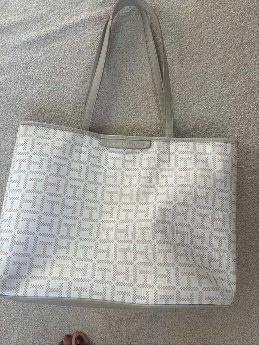 Calvin Klein White and Taupe Logo Perforated Tote